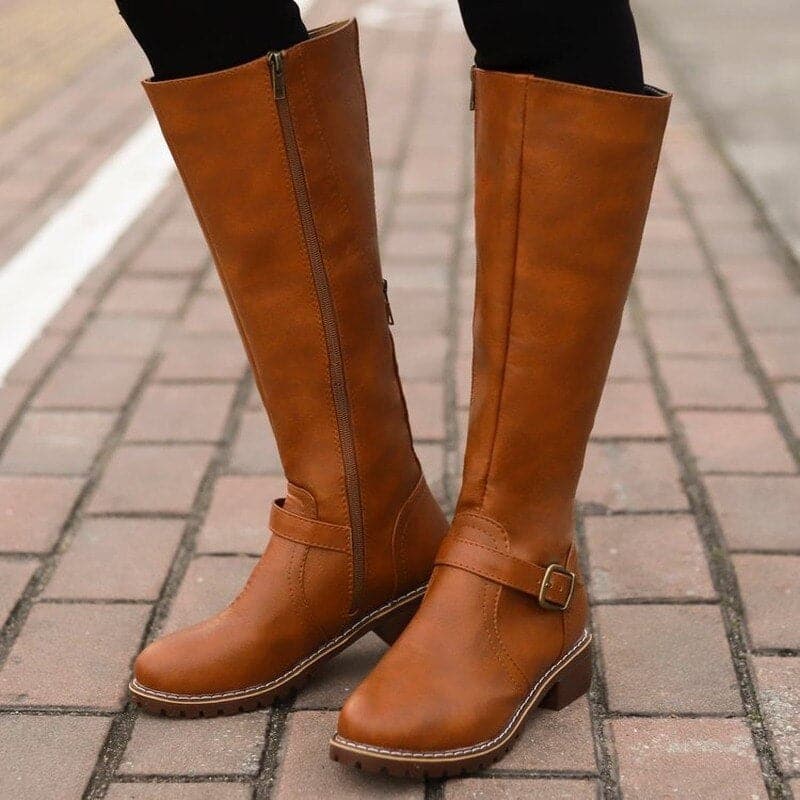Women's Knee-High Boots - Side Zip and Low Block Heel