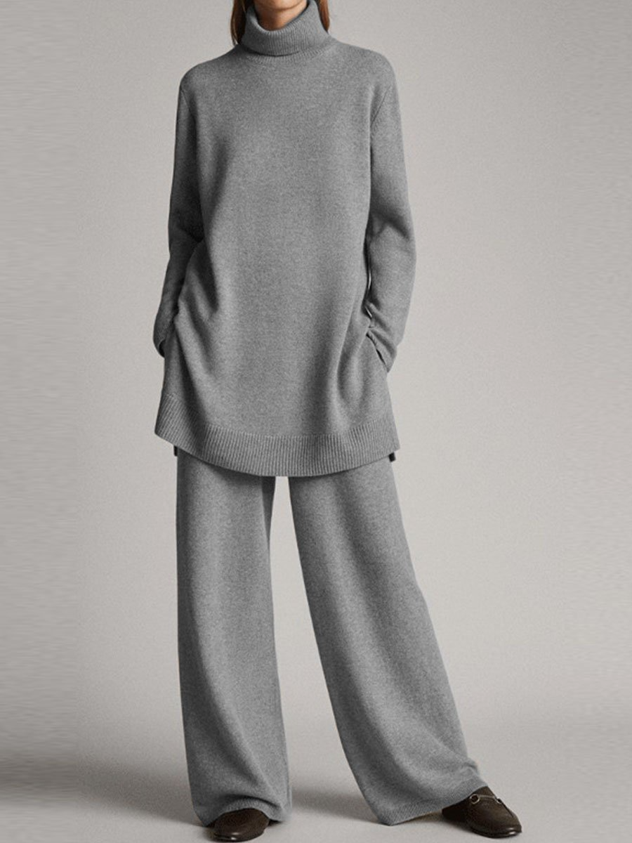 Women's Loungewear Set - Roll Neck Jumper with Wide Leg Trousers