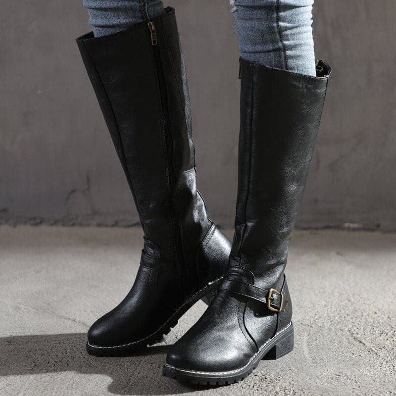 Women's Knee-High Boots - Side Zip and Low Block Heel