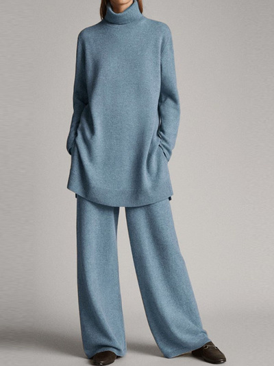 Women's Loungewear Set - Roll Neck Jumper with Wide Leg Trousers