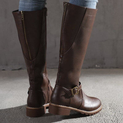 Women's Knee-High Boots - Side Zip and Low Block Heel