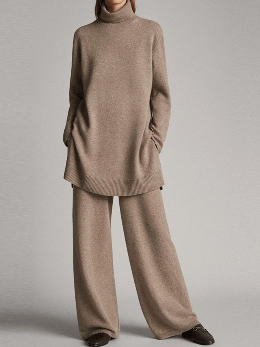 Women's Loungewear Set - Roll Neck Jumper with Wide Leg Trousers