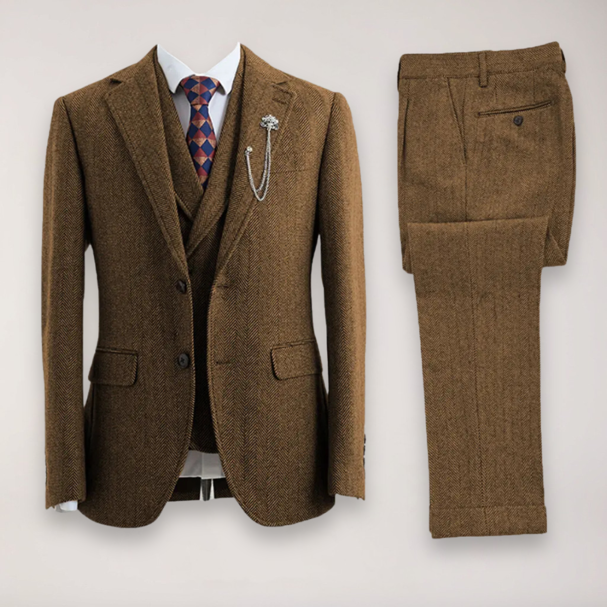 Men’s Tweed Herringbone Three-Piece Suit – Blazer, Waistcoat, and Trousers