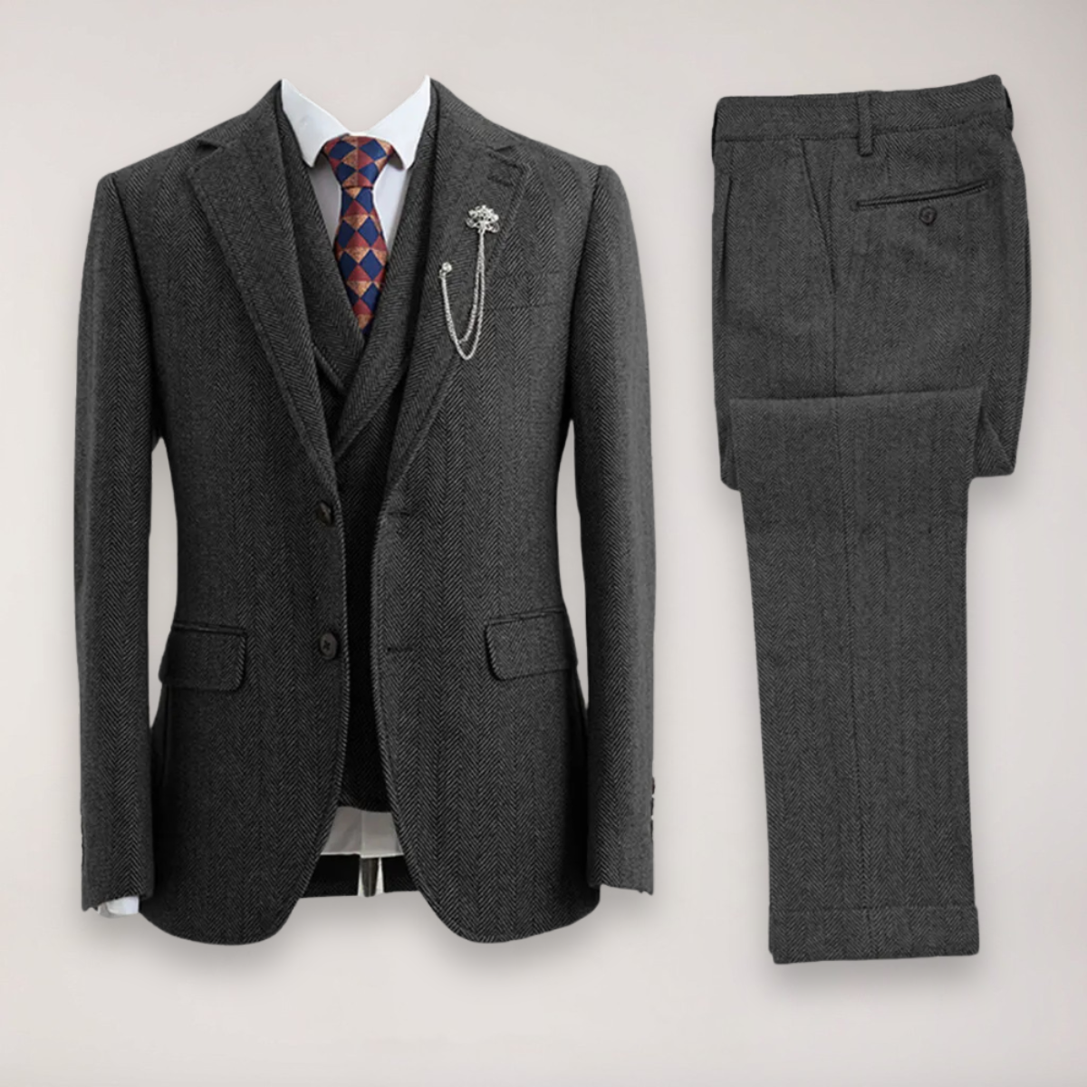 Men’s Tweed Herringbone Three-Piece Suit – Blazer, Waistcoat, and Trousers