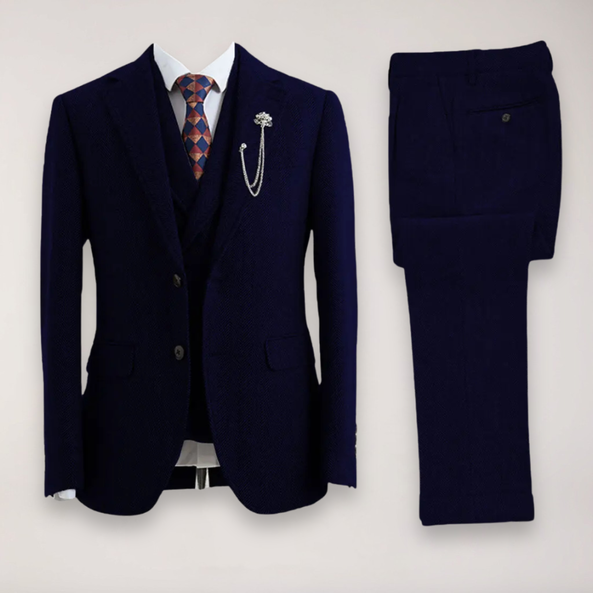 Men’s Tweed Herringbone Three-Piece Suit – Blazer, Waistcoat, and Trousers
