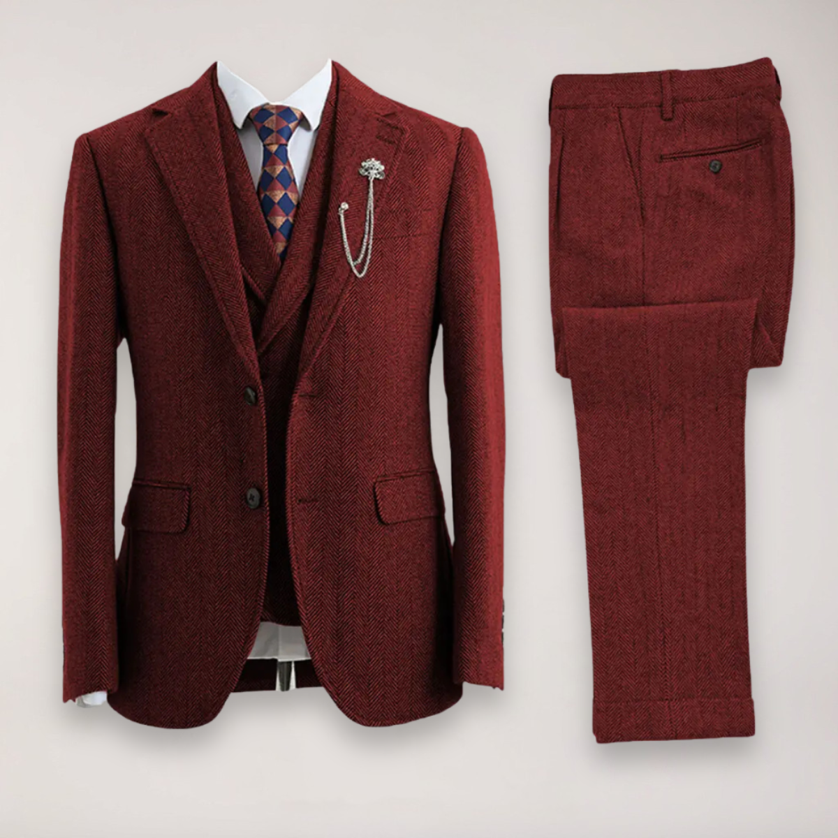 Men’s Tweed Herringbone Three-Piece Suit – Blazer, Waistcoat, and Trousers