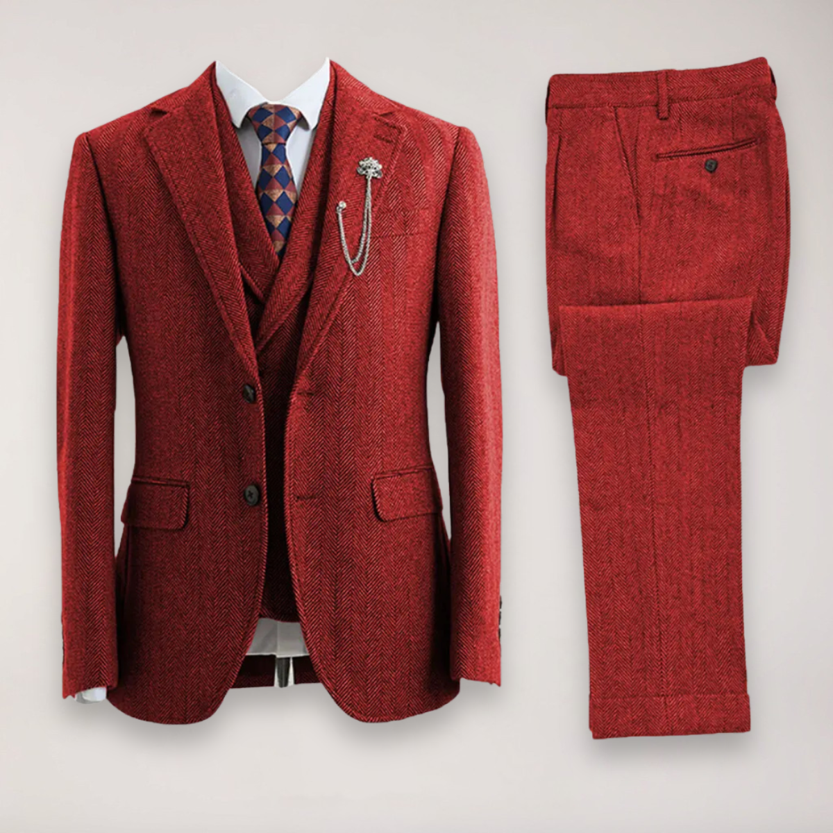 Men’s Tweed Herringbone Three-Piece Suit – Blazer, Waistcoat, and Trousers