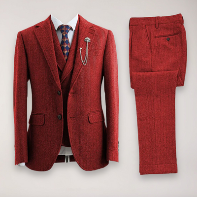 Men’s Tweed Herringbone Three-Piece Suit – Blazer, Waistcoat, and Trousers