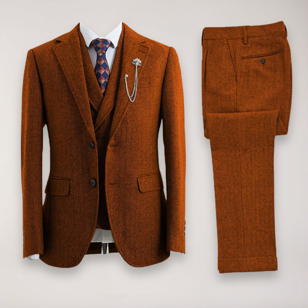 Men’s Tweed Herringbone Three-Piece Suit – Blazer, Waistcoat, and Trousers