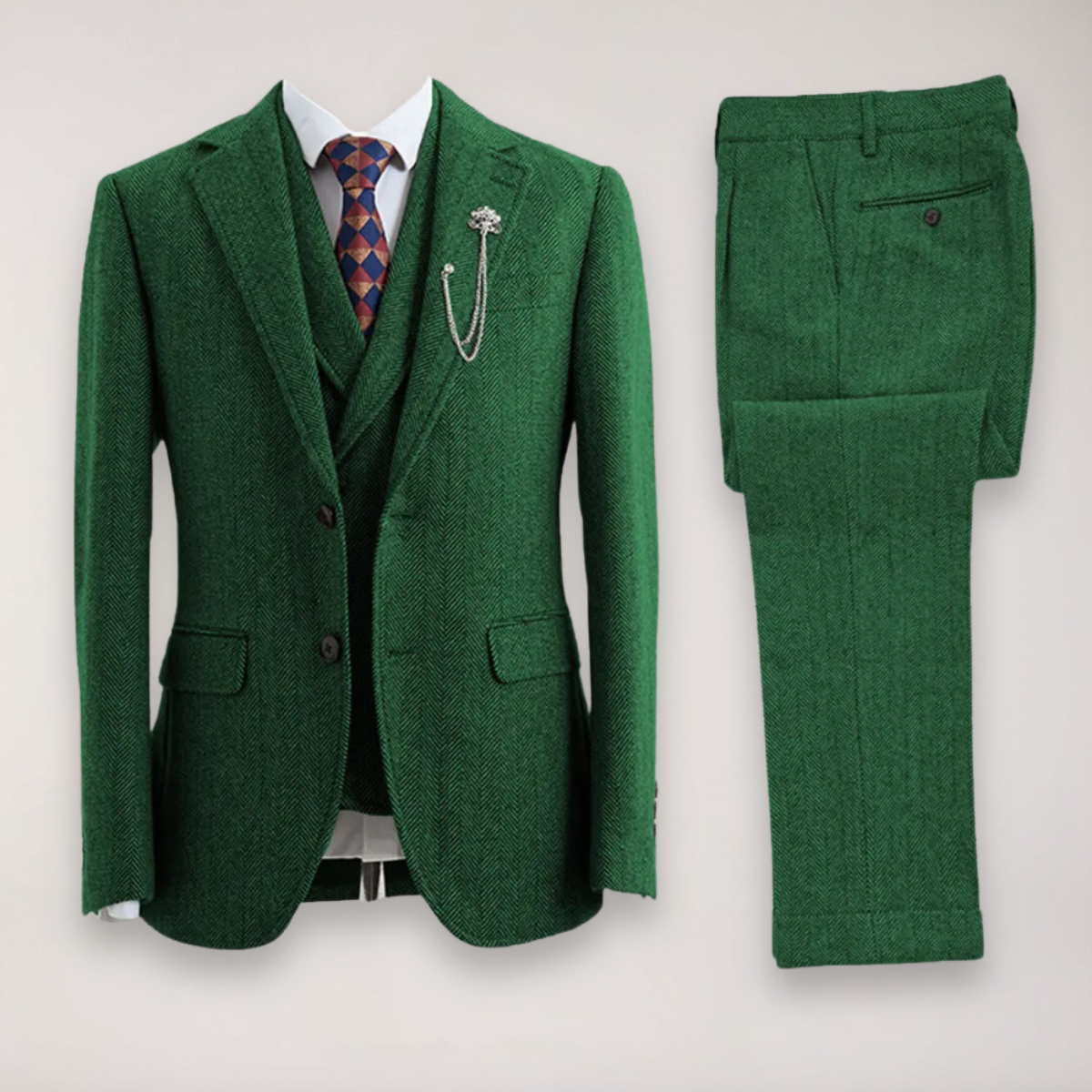 Men’s Tweed Herringbone Three-Piece Suit – Blazer, Waistcoat, and Trousers