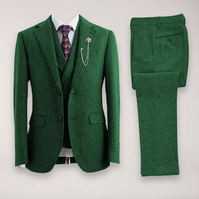 Men’s Tweed Herringbone Three-Piece Suit – Blazer, Waistcoat, and Trousers