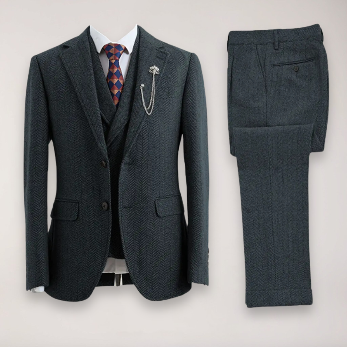 Men’s Tweed Herringbone Three-Piece Suit – Blazer, Waistcoat, and Trousers