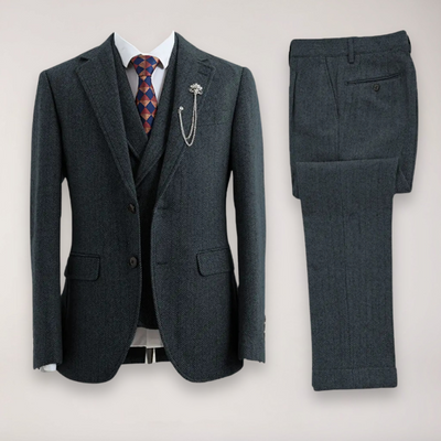 Men’s Tweed Herringbone Three-Piece Suit – Blazer, Waistcoat, and Trousers